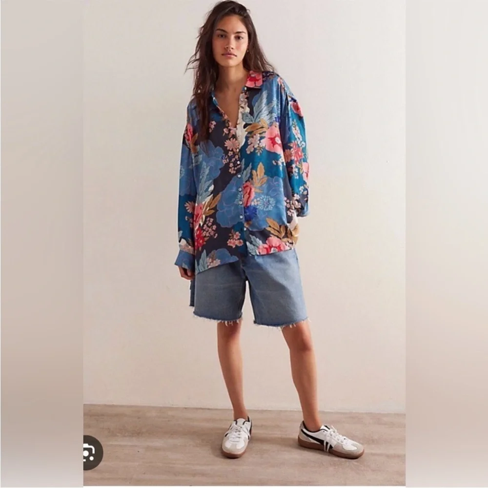 Spell/Free People Tyler Printed Shirt in Blue Shadow Size S. NWT_2